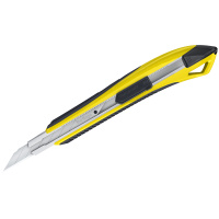 Нож канцелярский 9мм Berlingo 'Razzor 300', auto-lock, металл. направл., мягкие вставки, желтый, евр